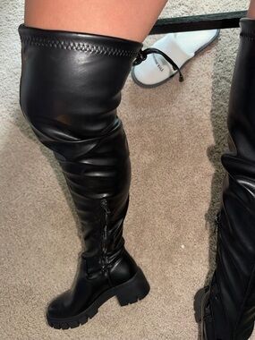 Over-the-Knee Black Chunky Platform Boots with Lace Back